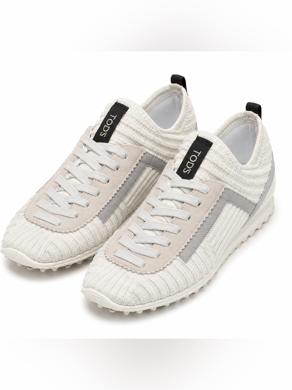 Tod's Cream Knit Sneakers with Light Gray and silver Suede Trim sz:37